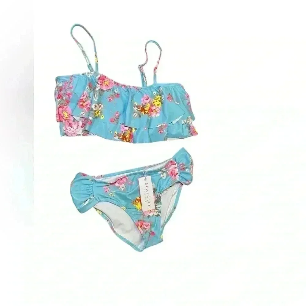 Seafolly Girls Paradise Garden Ruffle Bikini Blue Floral Size 14 NWT